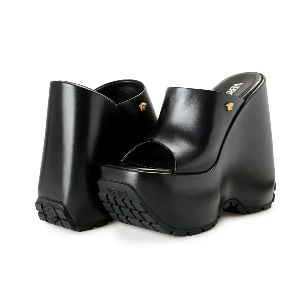 Versace Women's Black Leather Platform Mule Sandals Shoes